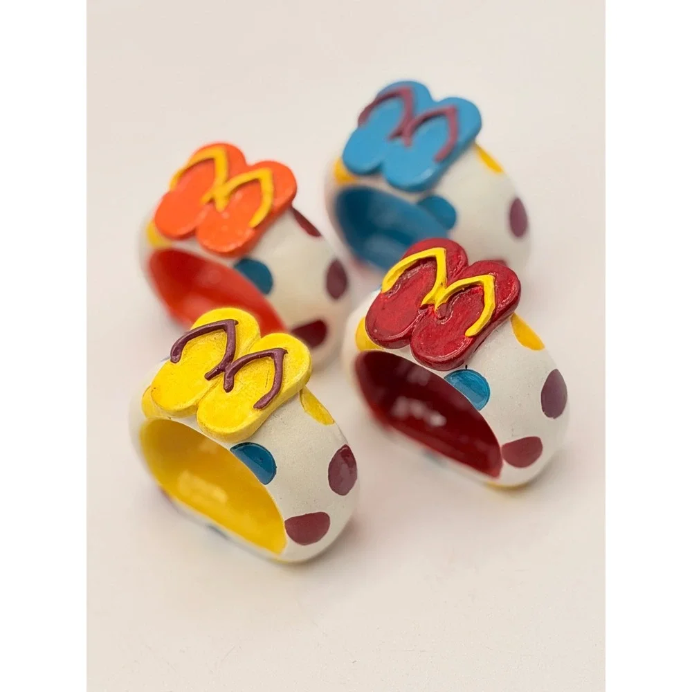 Vintage Style Flip Flop Napkin Rings Set of 4 Polka Dot Beach Summer Decor Multi
